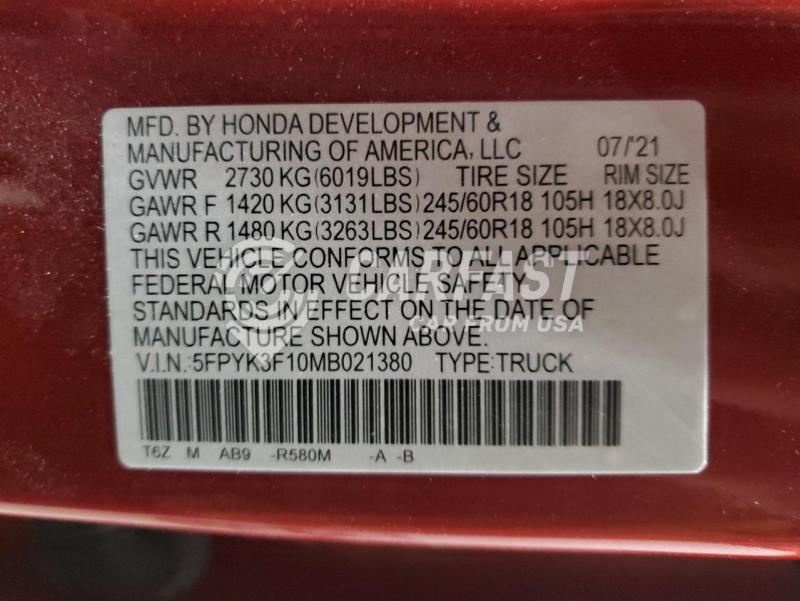 2021 Honda Ridgeline 3.5 RED Lot 48870685 Vin 5FPYK3F10MB021380