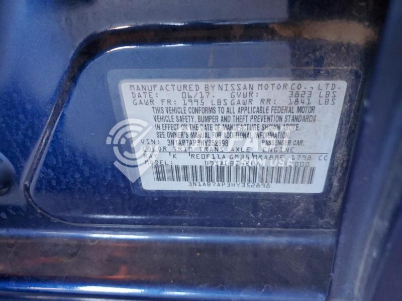 2017 Nissan Sentra s 1.8 BLUE Lot 62865505 Vin 3N1AB7AP3HY352898