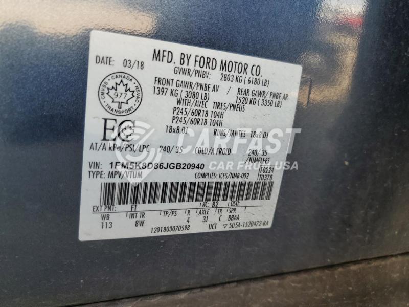 2018 Ford Explorer x 3.5 XLT BLUE Lot 58799105 Vin 1FM5K8D86JGB20940