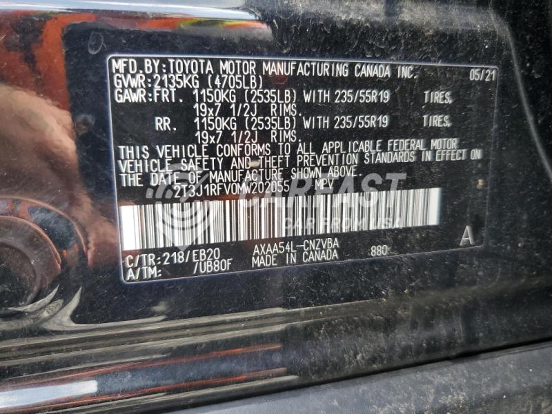 2021 Toyota Rav4 adven 2.5 ADVENTURE BLACK Lot 64637145 Vin 2T3J1RFV0MW202055