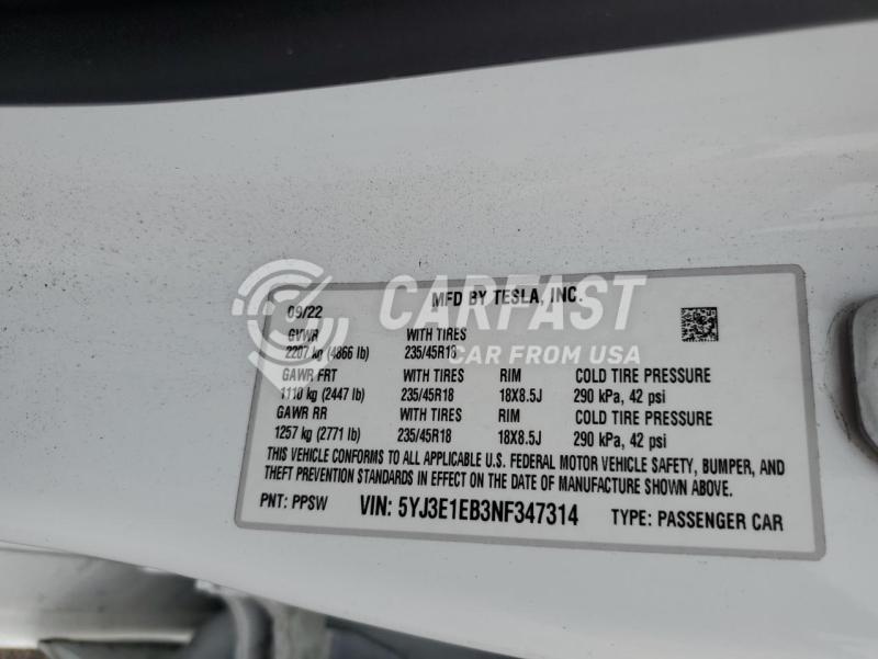2022 Tesla Model 3 WHITE Lot 68940845 Vin 5YJ3E1EB3NF347314