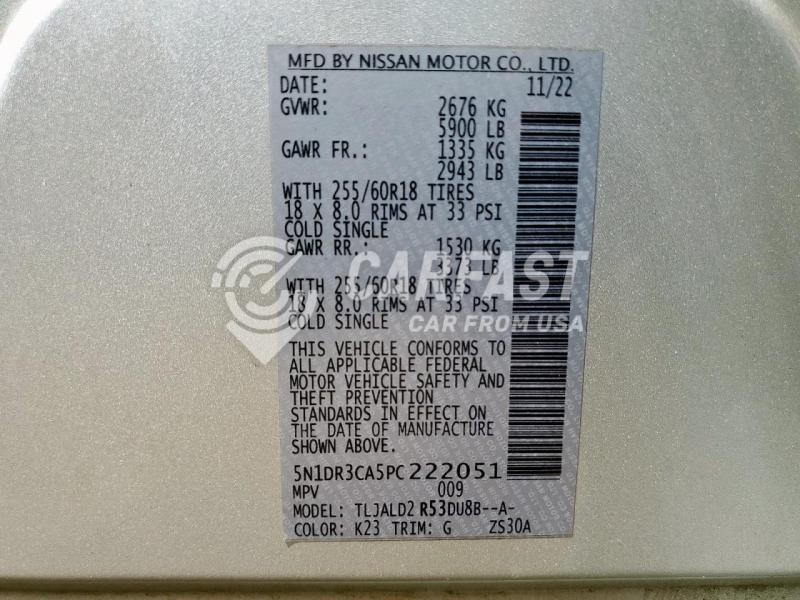 2023 Nissan Pathfinder 3.5 SL SILVER Lot 70007285 Vin 5N1DR3CA5PC222051