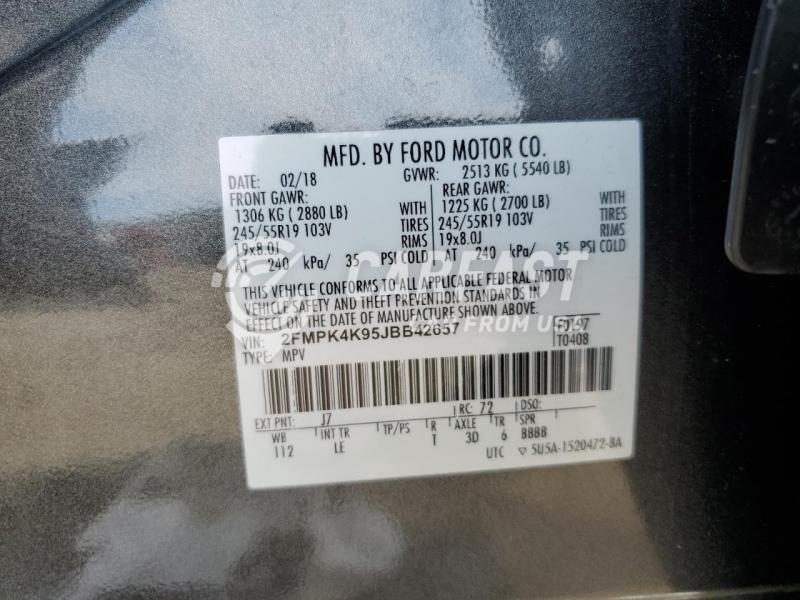 2018 Ford Edge titan 2.0 TITANIUM CHARCOAL Lot 70508505 Vin 2FMPK4K95JBB42657