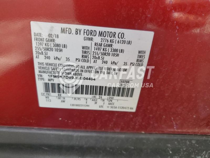 1FM5K7D89JGB04404 2018 Ford Explorer 3.5 Xlt red