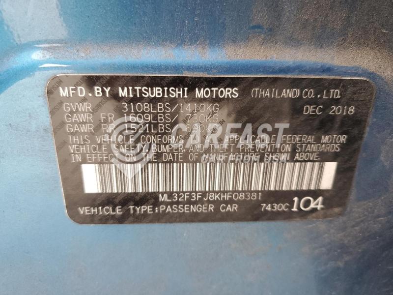 2019 Mitsubishi Mirage 1.2 G4 ES BLUE Lot 90643815 Vin ML32F3FJ8KHF08381