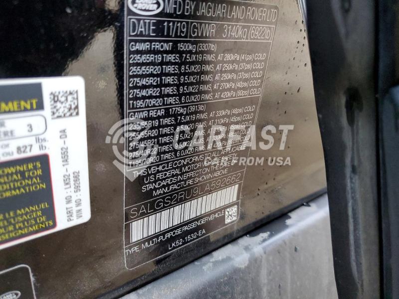 2020 Land rover RANGE ROVER 3.0 Hse black Lot 48185986 Vin SALGS2RU9LA592662