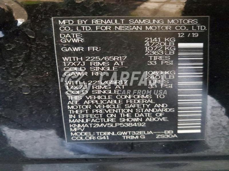 2020 Nissan Rogue 2.5 SV BLACK Lot 54448946 Vin KNMAT2MV5LP538492
