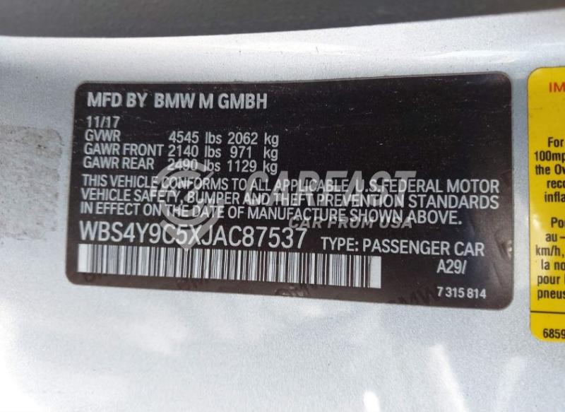 2018 BMW M4 3.0 Silver Lot 111041657531 Vin WBS4Y9C5XJAC87537