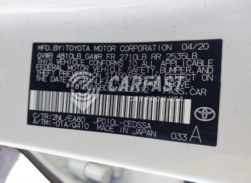 2020 Toyota Mirai White Lot 111041759883 Vin JTDBVRBD2LA008212