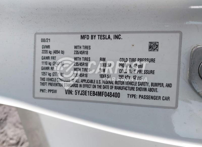 2021 Tesla Model 3 Long Range Dual Motor All-Wheel Drive white Lot 111044476796 Vin 5YJ3E1EB4MF048400
