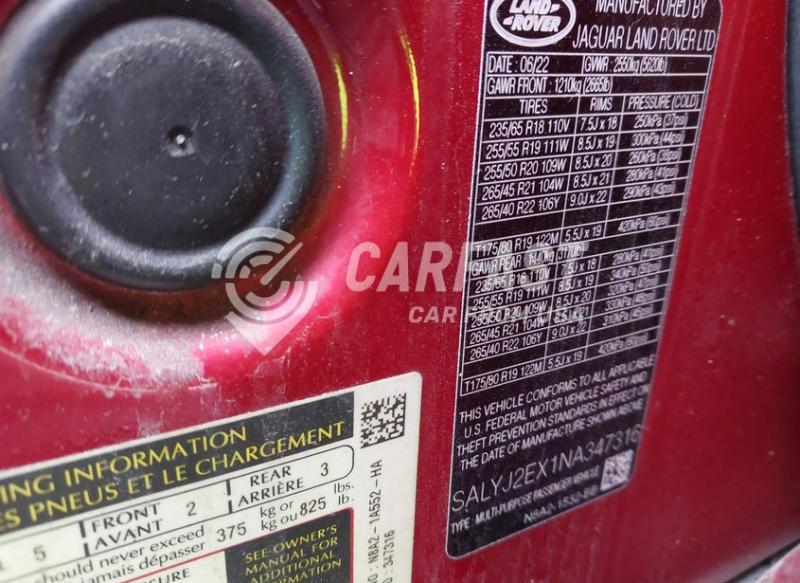 2022 Land rover Range rover velar 2.0 P250 S red Lot 111044025301 Vin SALYJ2EX1NA347316